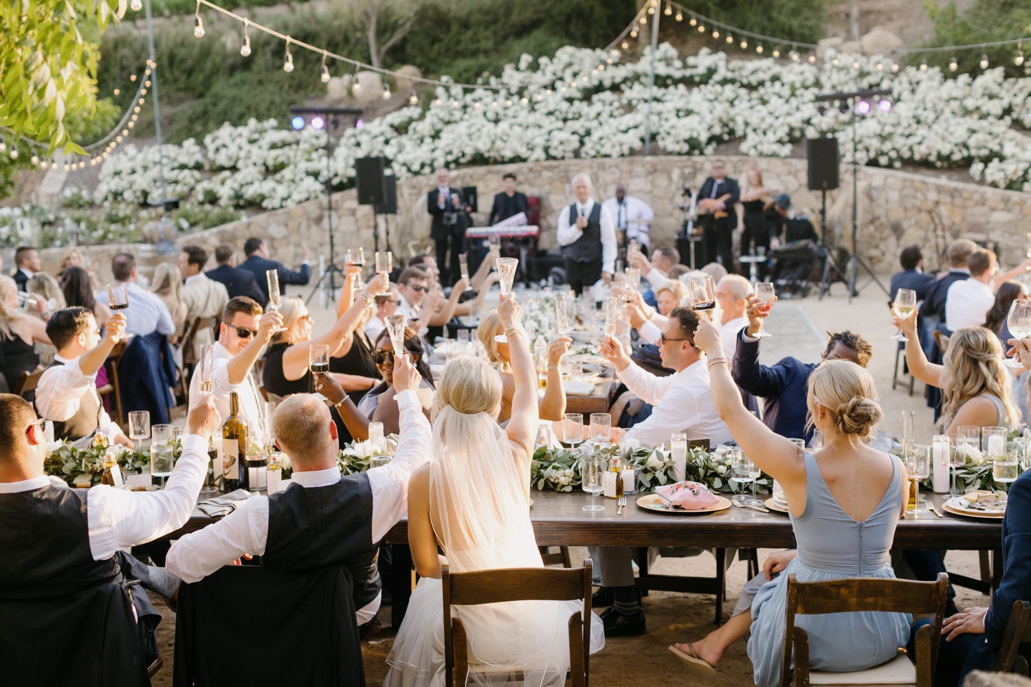 Bride, groom and guests cheers all together at their terra mia wedding reception