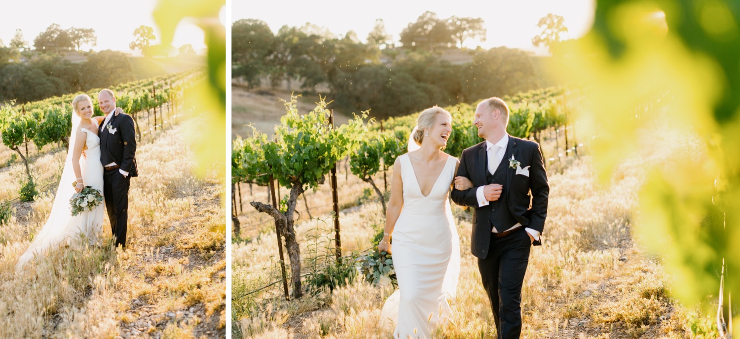 Couple laughing while walking during their sunset photos at Terra Mia in Paso Robles california
