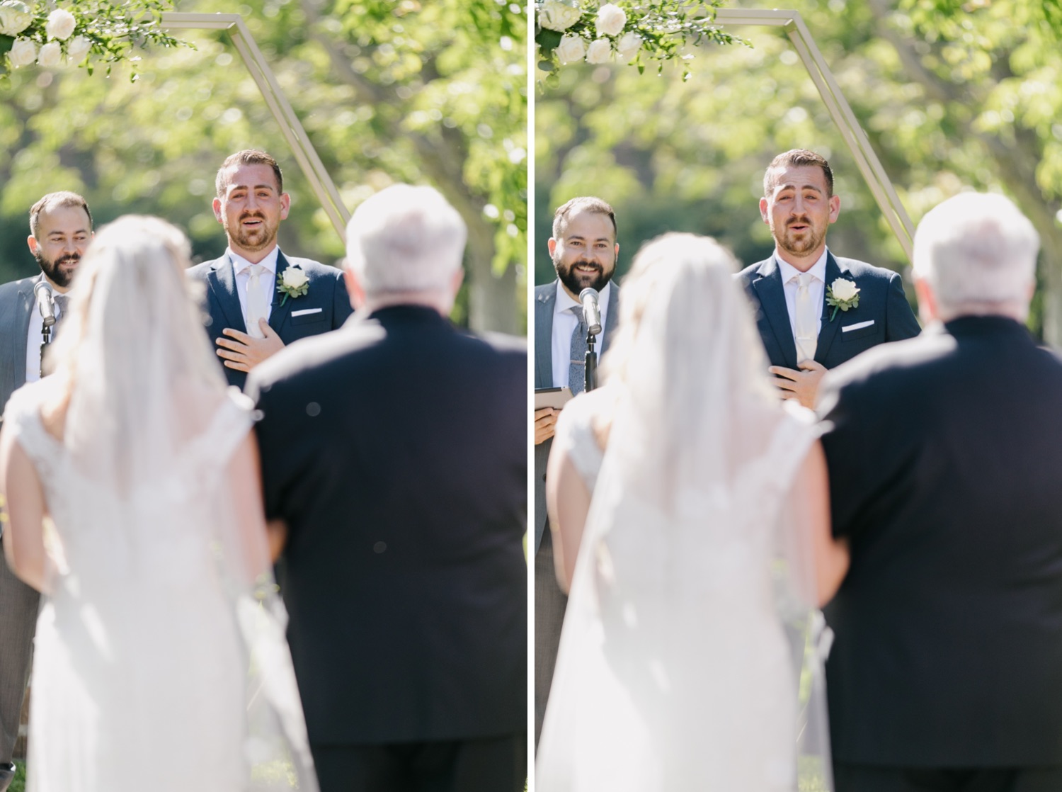 Groom getting emotional as he sees his bride walk down the aisle for the first time at walnut grove wedding