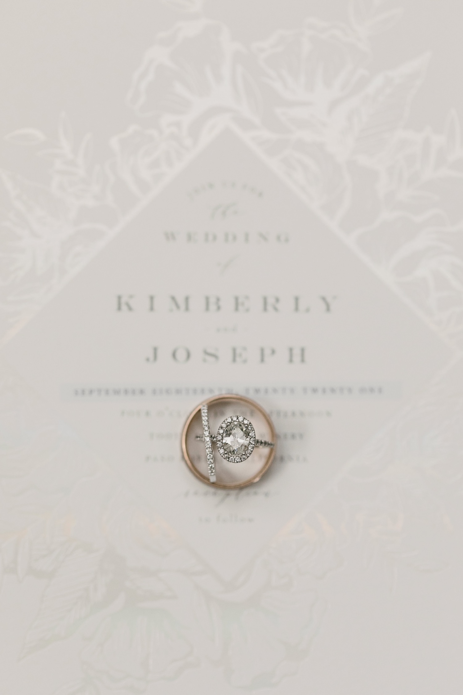 Photo of wedding rings on top of a wedding invite in Paso Robles, California