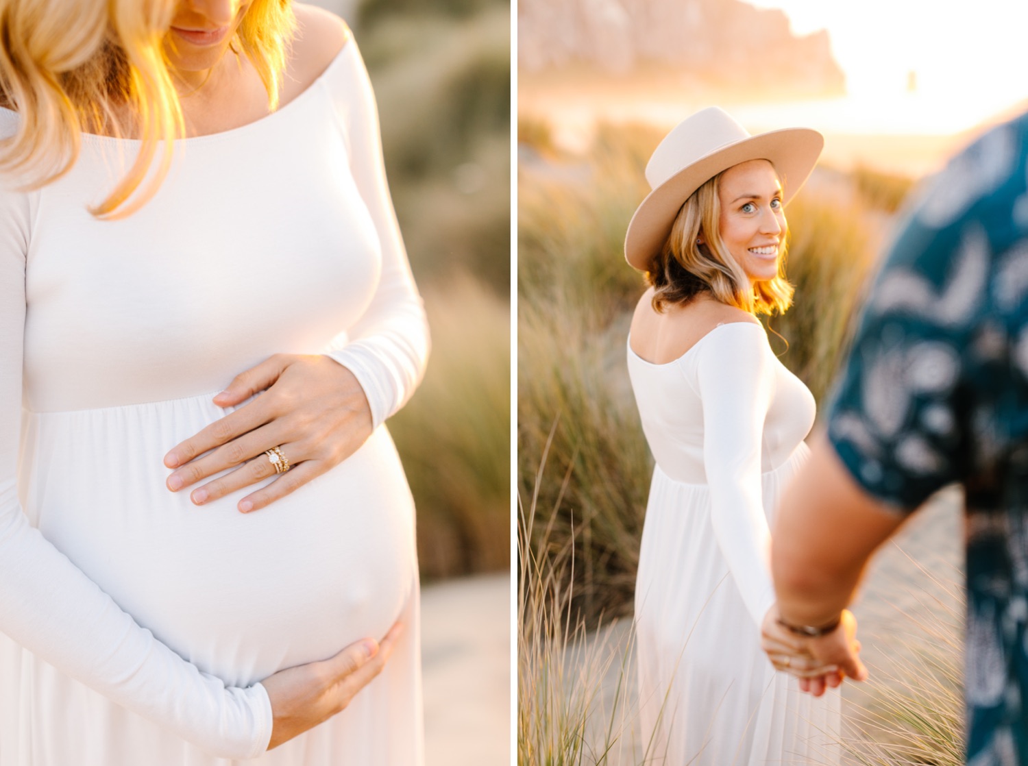 Woman looking back at her partner while holding hands during maternity photos in Morro Bay with Tayler Enerle
