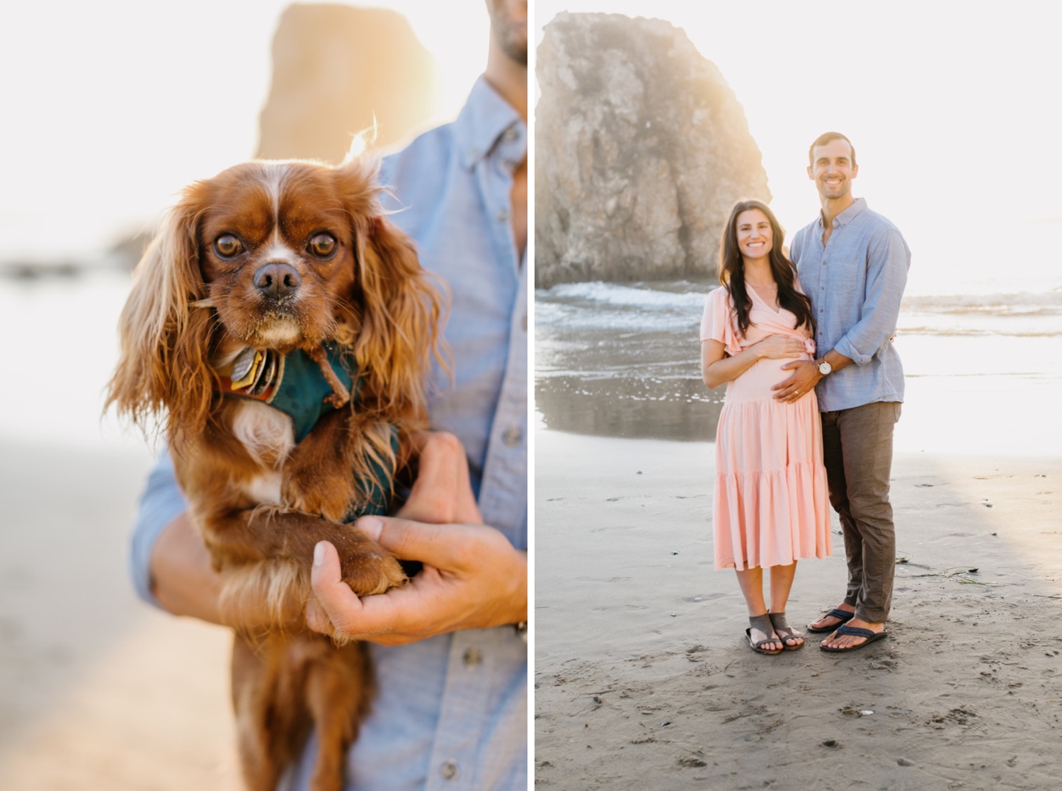 couple at maternity session with their small dog on Pismo beach, california