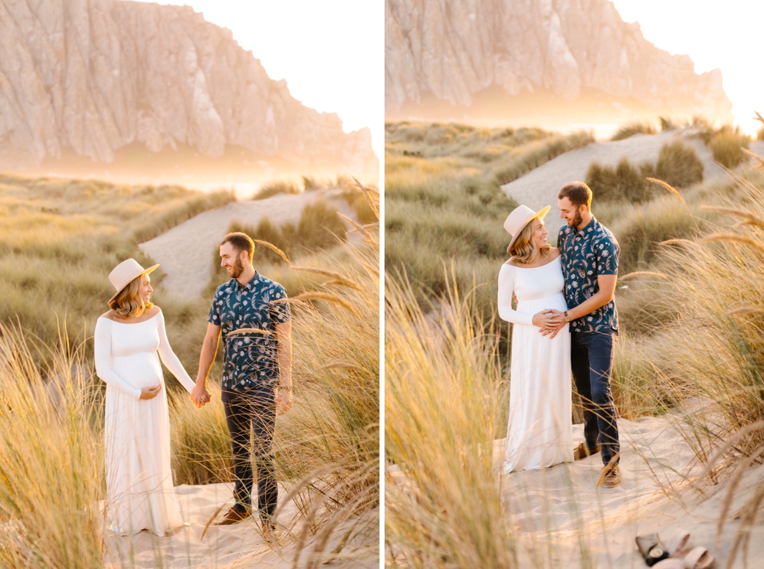 Couple embracing with Morro Rock in the background for their maternity photos with tayler Enerle in morro bay, california