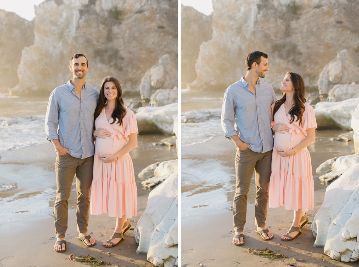 couple in front of rocks next to the water at Pismo Beach, california
