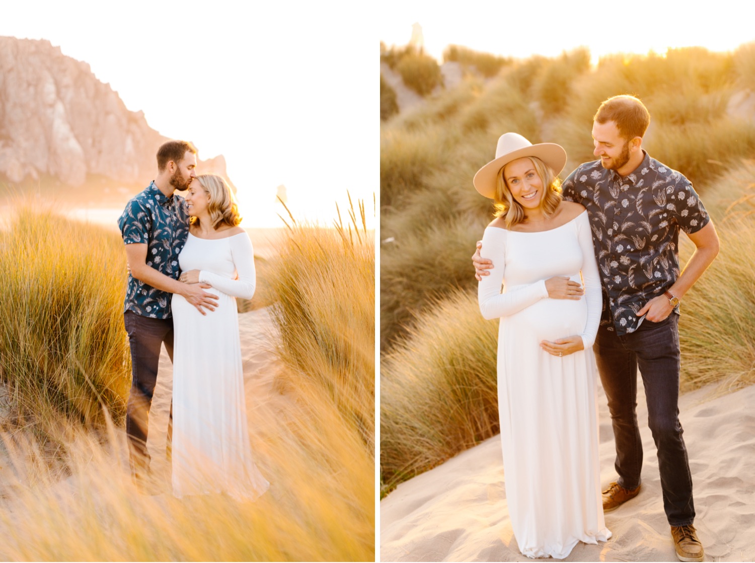 couple posting together at golden hour in the sand dunes at the beach for their Maternity session