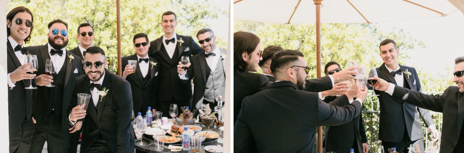 Groomsmen hanging out and drinking before their wedding at tooth and nail winery