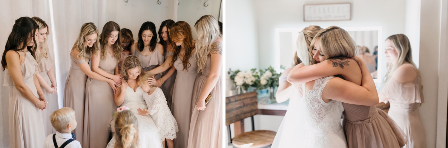 Bride getting ready with sisters and bridesmaids at walnut grove