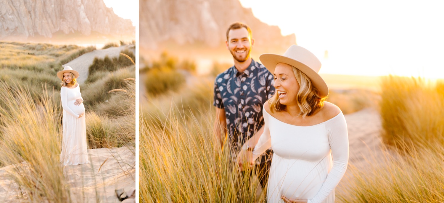 Photo of couple walking in the sand dunes at sunset for golden hour at Morro rock 