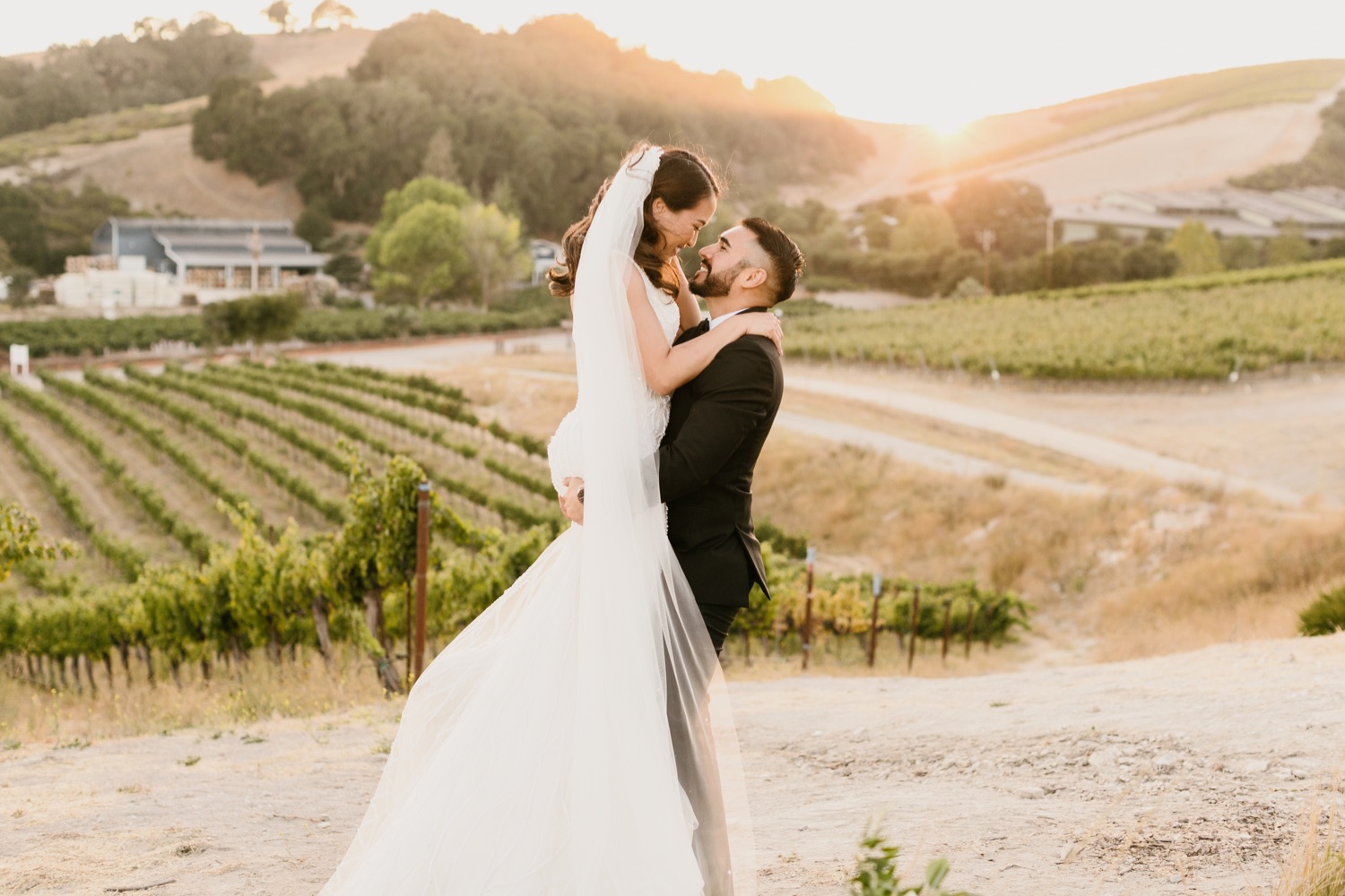 bride and groom kissing in front of winery vines at tooth and nail in paso robles california