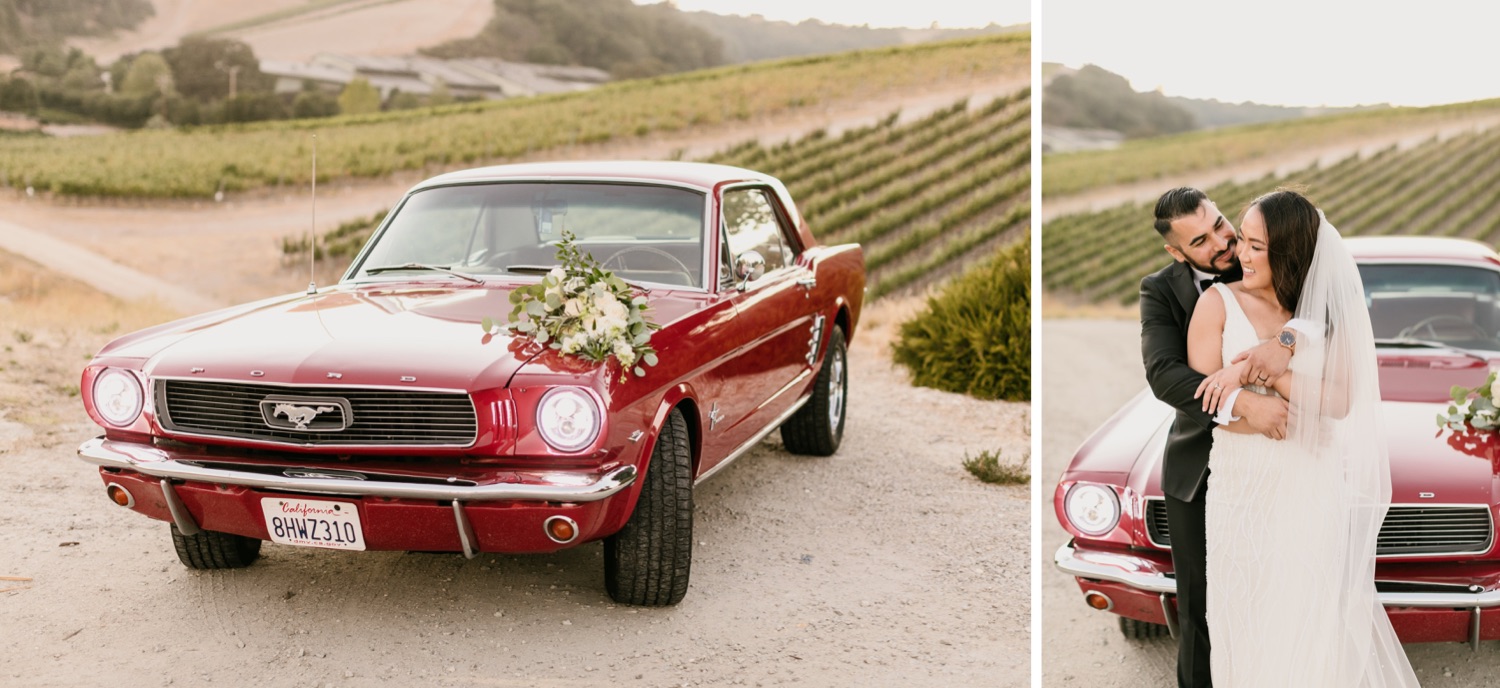 classic car in front of tooth and nail winery wedding