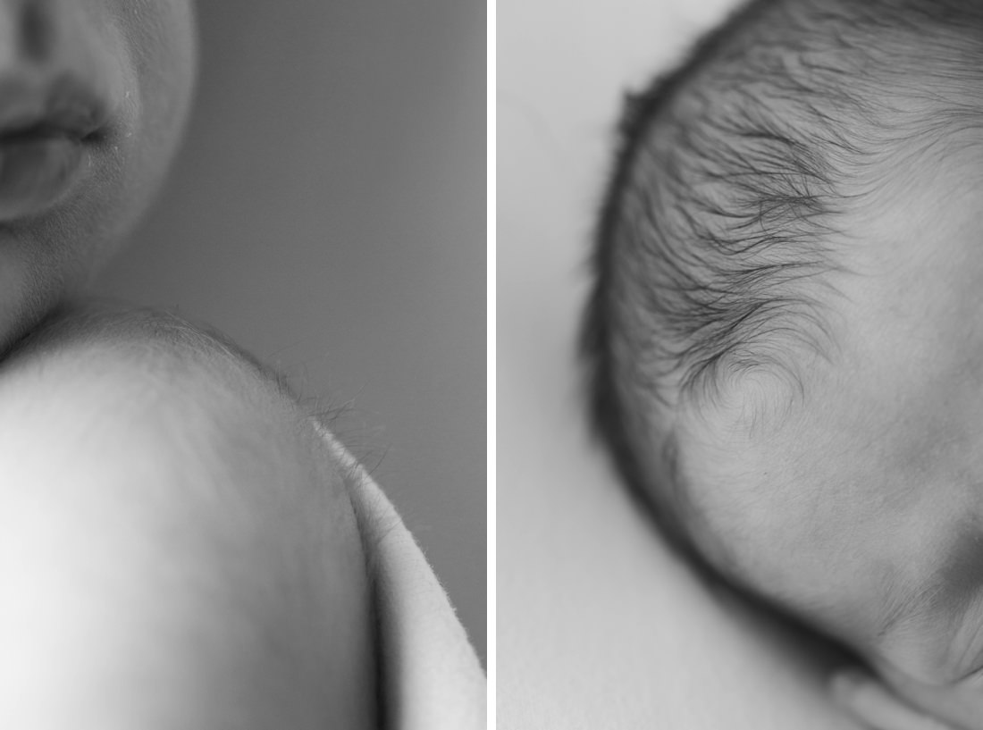 Two close up images side by side, both in black and white, one of a close up of a newborn's shoulder, one of a closeup of a newborn's hair cowlick from San Luis Obispo newborn photographer, Tayler Enerle 
