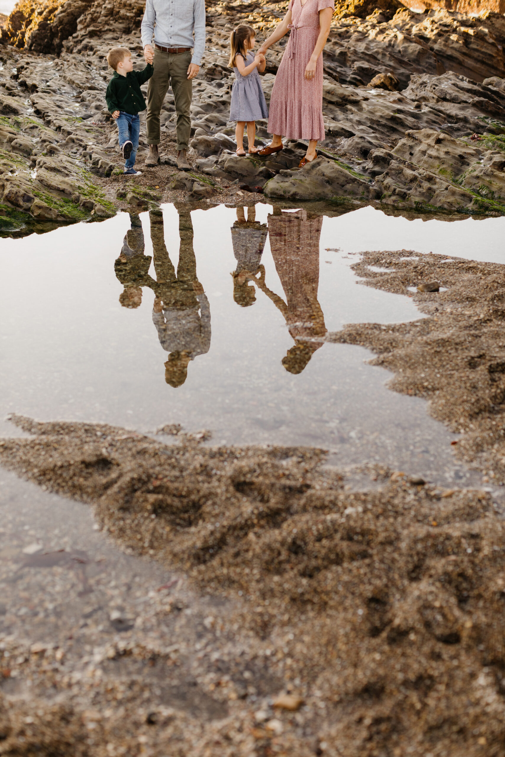 Parents and children holding hands and looking at each other reflected in the tidpool in front of them, at their rocky beach Montana De Oro Family session