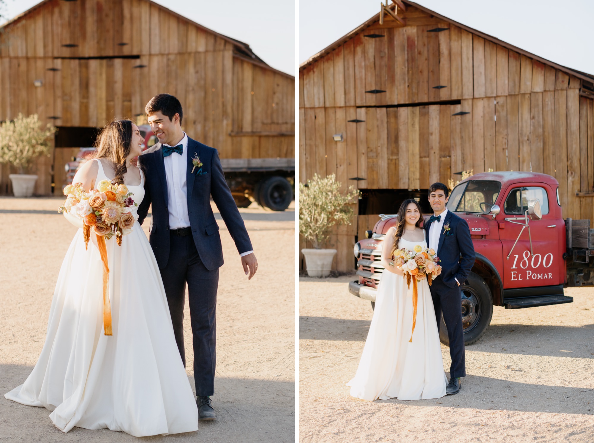 Two images of couple at 1800 El pomar wedding, one with couple in front of vintage red truck with el pomar written on it in Templeton ,california, and one image of the couple walking and holding hands smiling at eachother in front of the large brown barn and old vintage truck