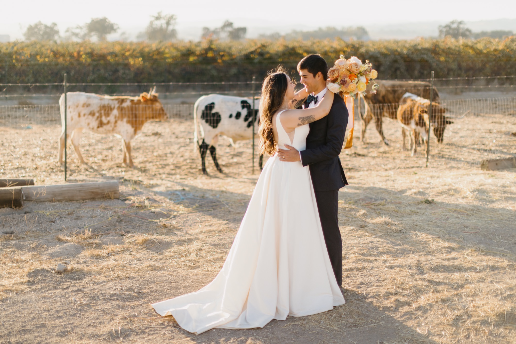 couple facing eachother, smiling, and embracing close during their sunset photos at their 1800 El Pomar wedding with cows in the background