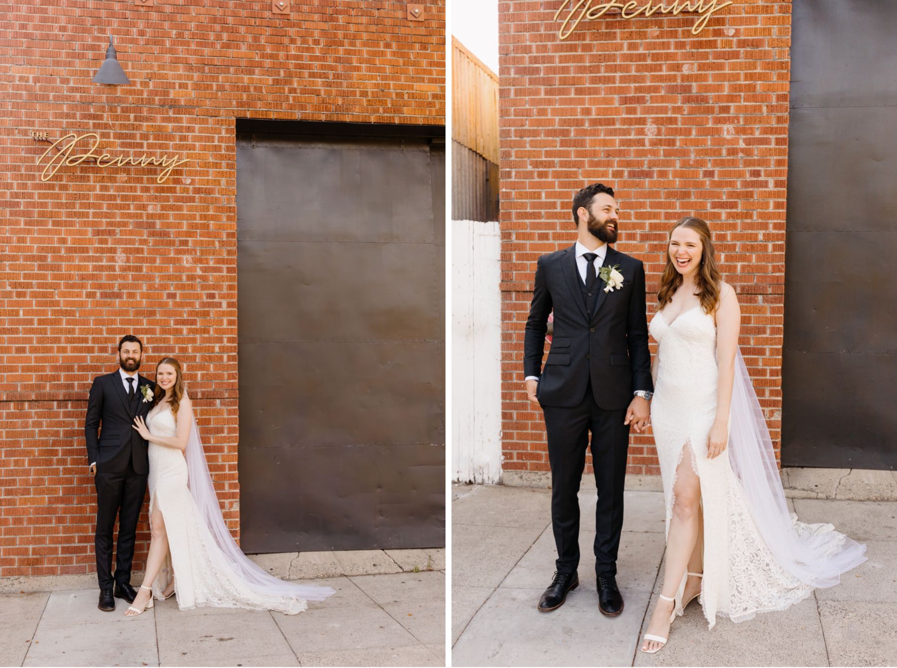 A wedding couple posing for portraits in front of their downtown san luis obispo wedding reception at The penny san luis obispo