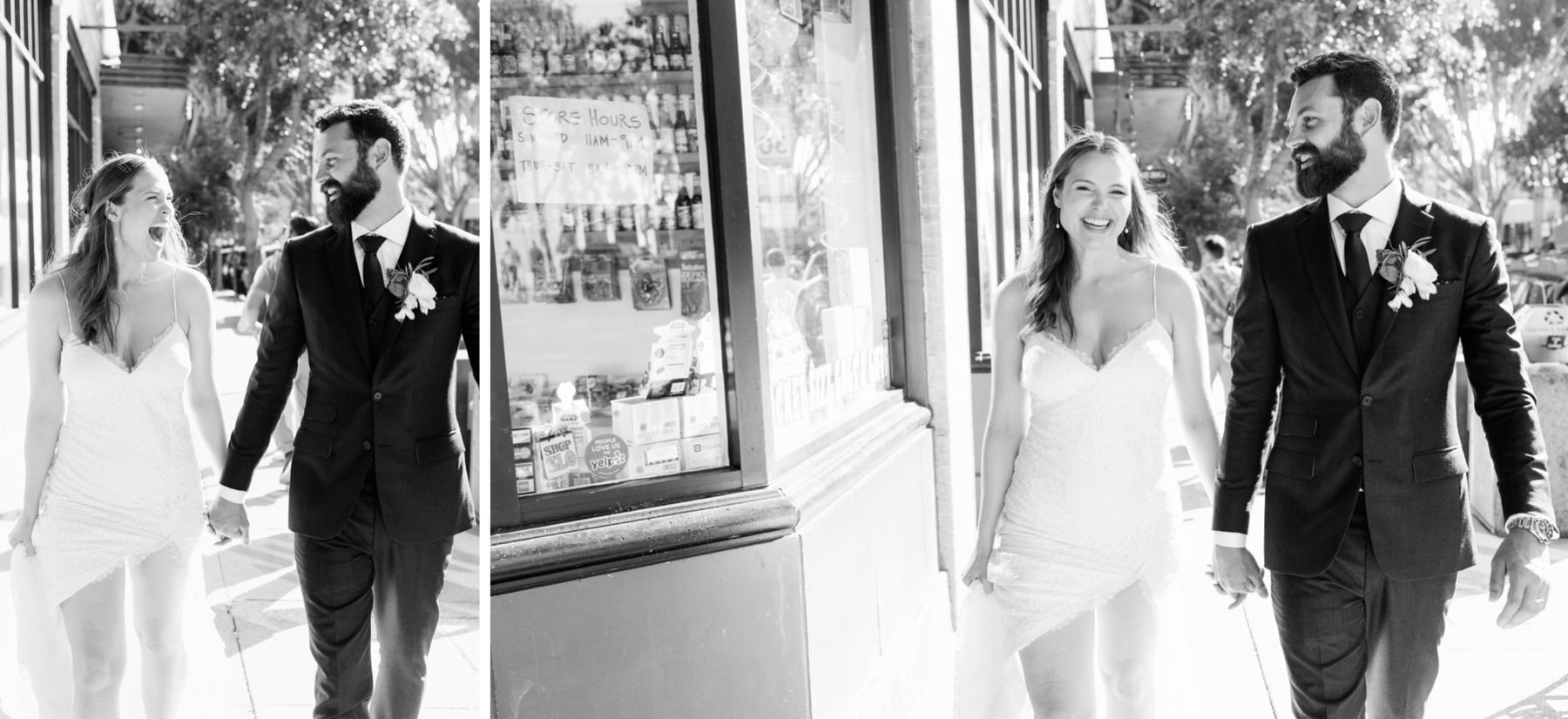 two images in black and white next to eachother of newlywed couple walking downtown san luis obispo for portraits during their wedding reception at the penny in downtown slo