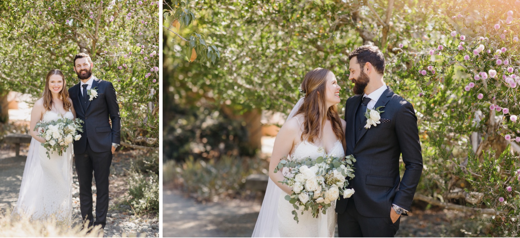 couple, in front of green trees and shrubs, looking at eachother lovingly and with big smiles after their cal poly arboretum ceremony and before their Penny reception by tayler enerle