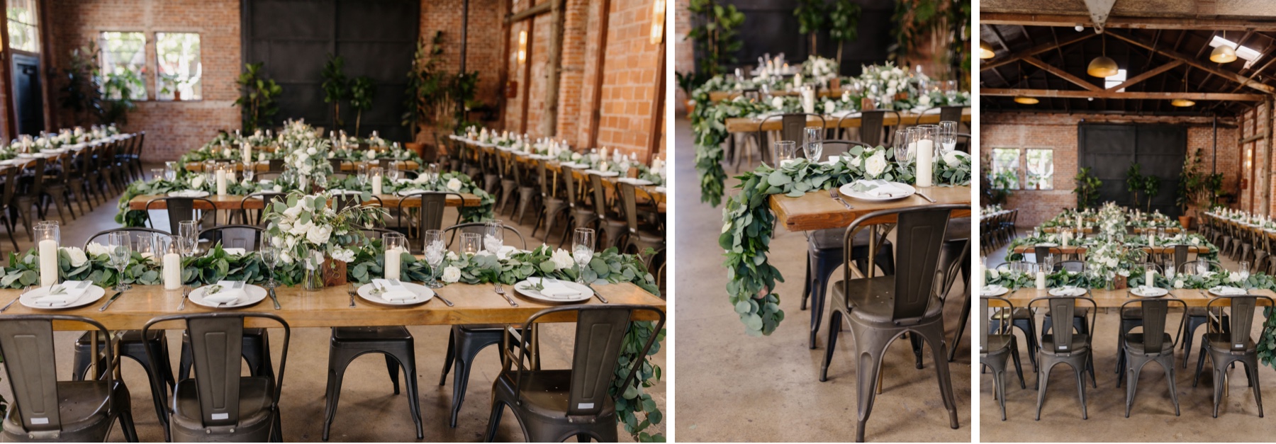 A few different photographs of different angles in the Penny for a wedding reception that features long family style tables, lush greenery accents and brick walls at the penny in san luis obispo california