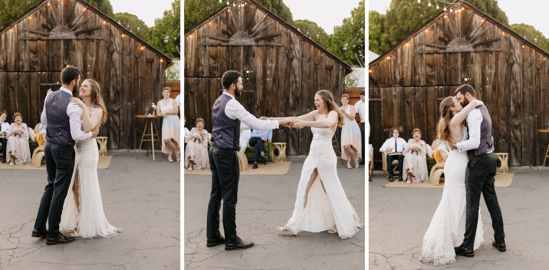 A wedding couple shares their first dance at their wedding reception at the Penny in Downtown san luis obispo, ca