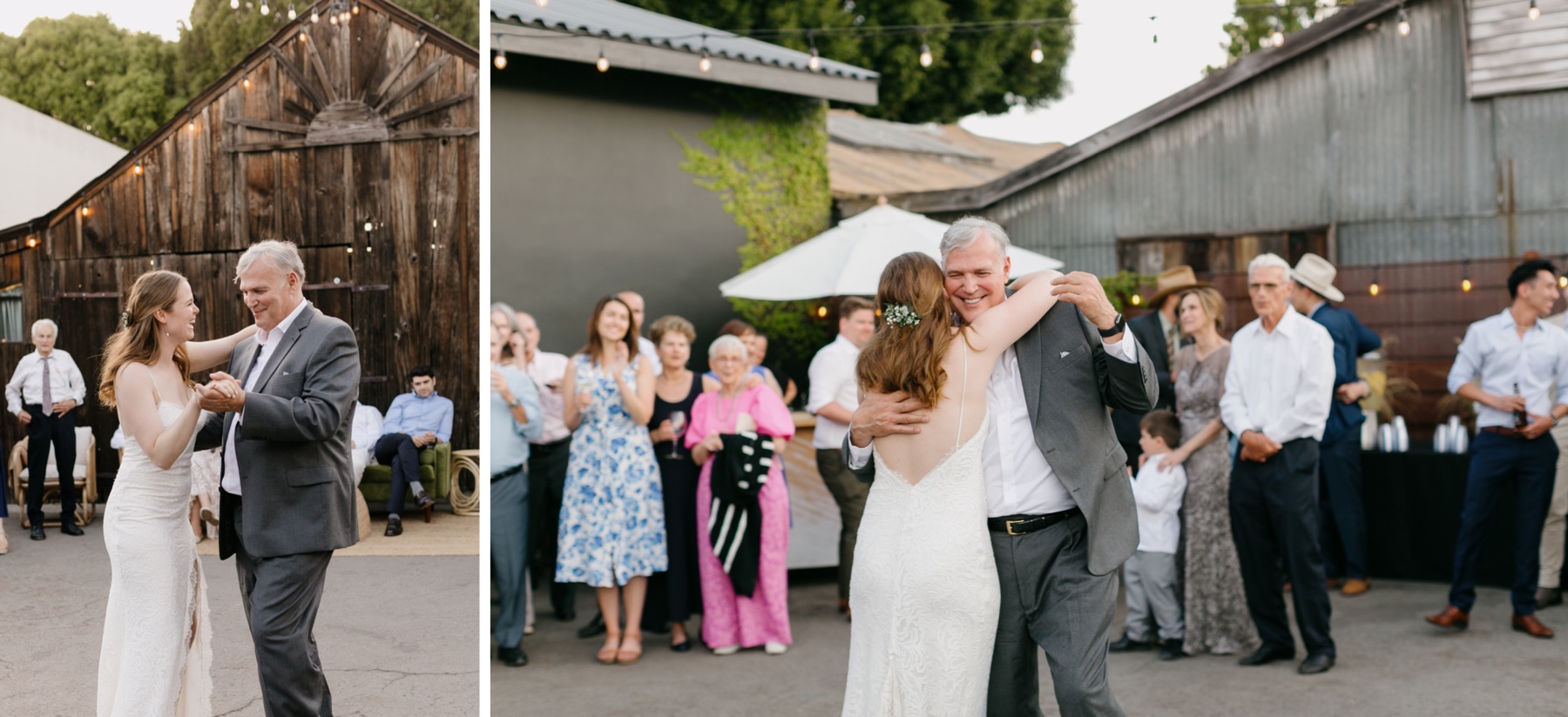 A father and daughter at her wedding dancing the father/daughter dance at the couple's wedding reception at the penny in san luis obispo california