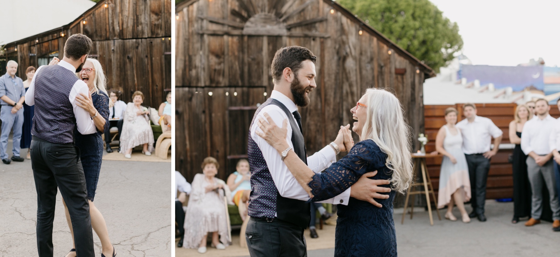 A mother and son dancing to their mother/son dance at his wedding reception at the penny in san luis obispo california