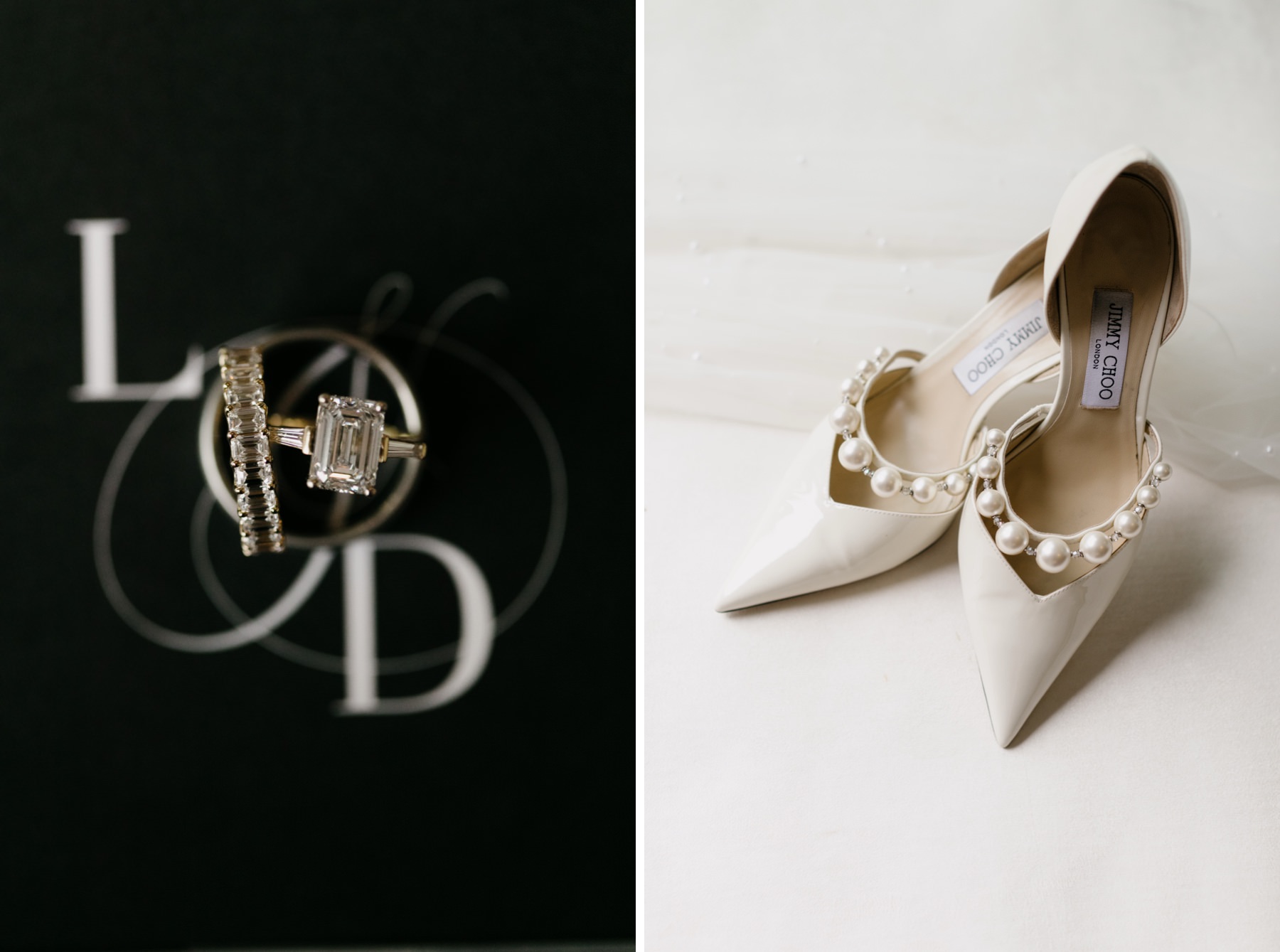 close up photos of white barn wedding invitation, wedding rings, and brides Jimmy Choo wedding shoes