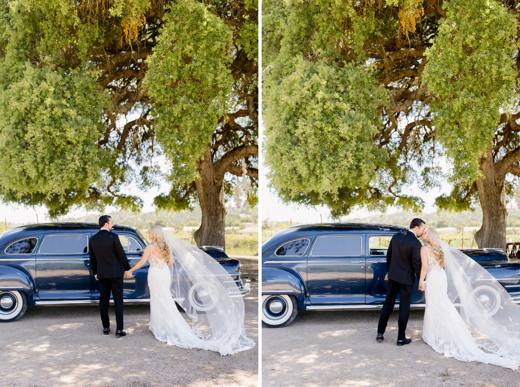 vertical images of Bride and groom on their fun wedding day holding hands, and kissing, standing in front of an oak tree and a vintage car on their wedding day at Cass Winery in Paso RObles california photographed by Tayler Enerle 