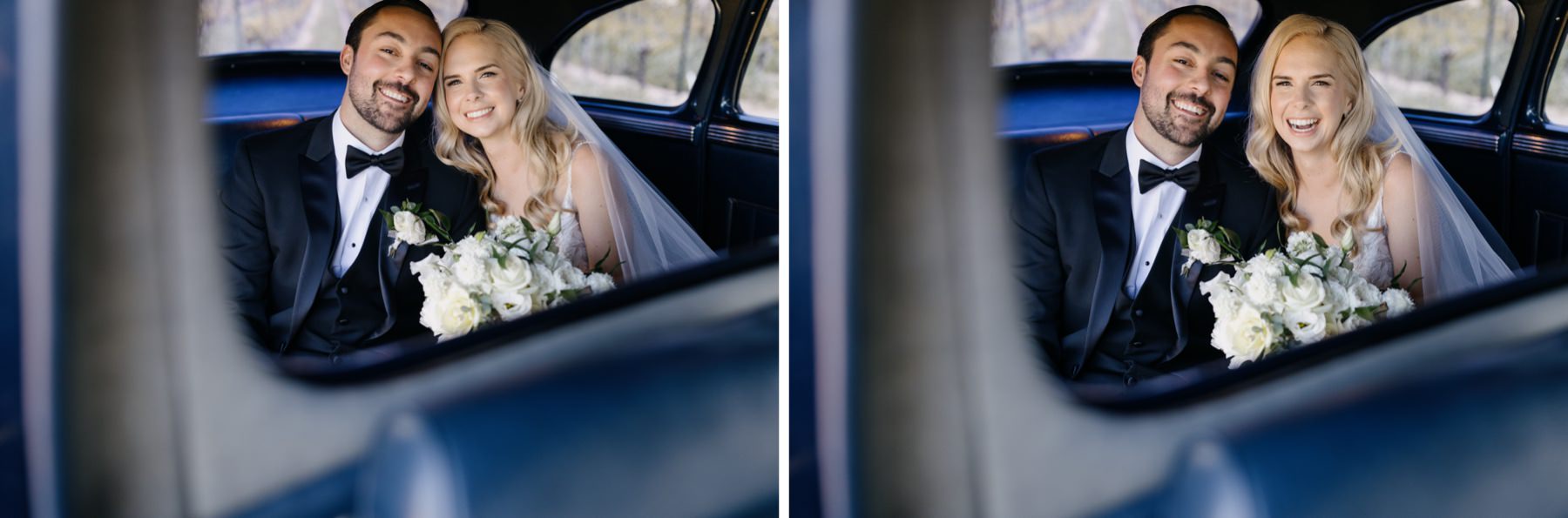 vertical image of Newly married couple sitting face to face and smiling in their vintage car after their ceremony and before their fun Cass Winery wedding in Paso Robles California during their portraits session with Tayler Enerle photography