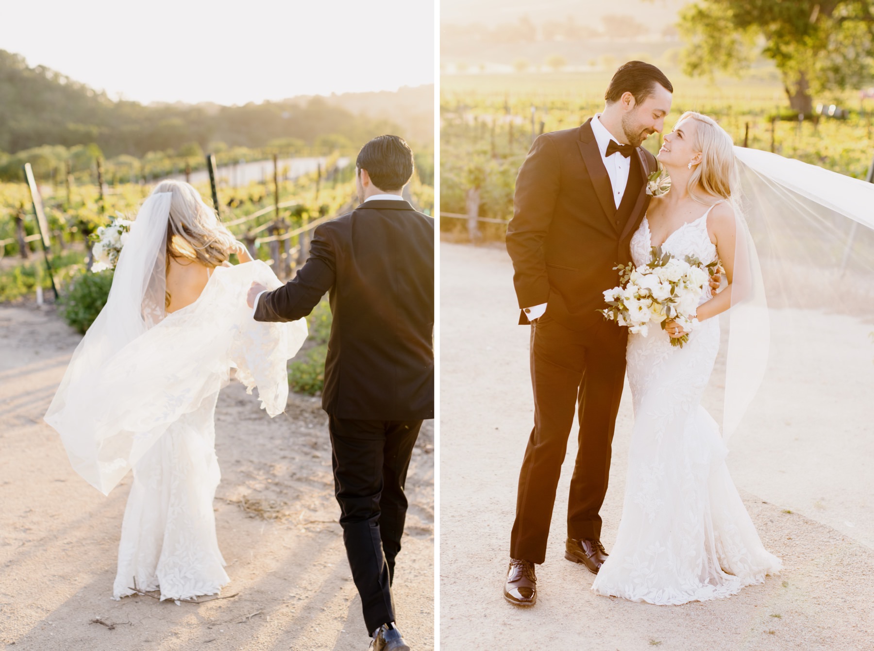 Bride and groom holding hands and looking at eachother lovingly at their sunset portrait session at Cass Winery in Paso Robles California by Tayler Enerle Photography 