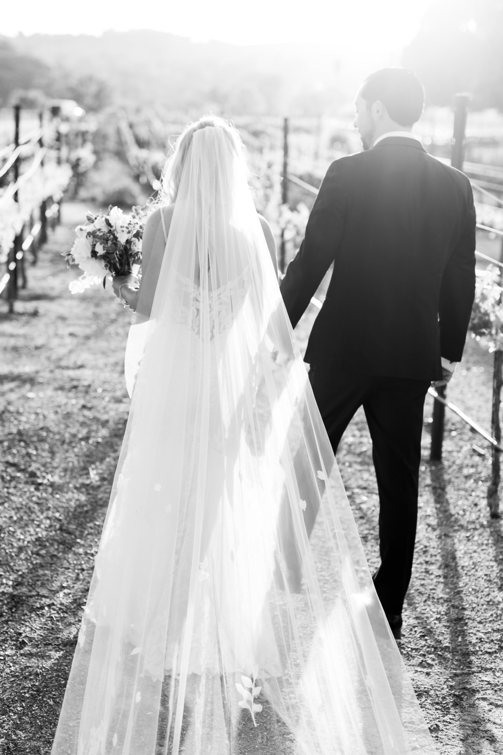 black and white image of Bride and groom walking away and holding hands and looking at eachother lovingly at their sunset portrait session at Cass Winery in Paso Robles California by Tayler Enerle Photography 